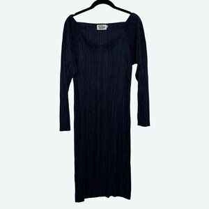 Tatsumi‎ Miyagi Couture Long Sleeve Round V Neck Pleated Midi Dress Navy Size 42